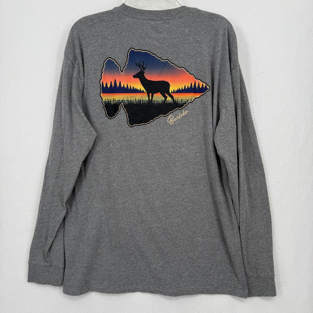 Burlebo Long Sleeve Pocket Tee Mens Large Gray Arrowhead Deer Sunset Graphic‎